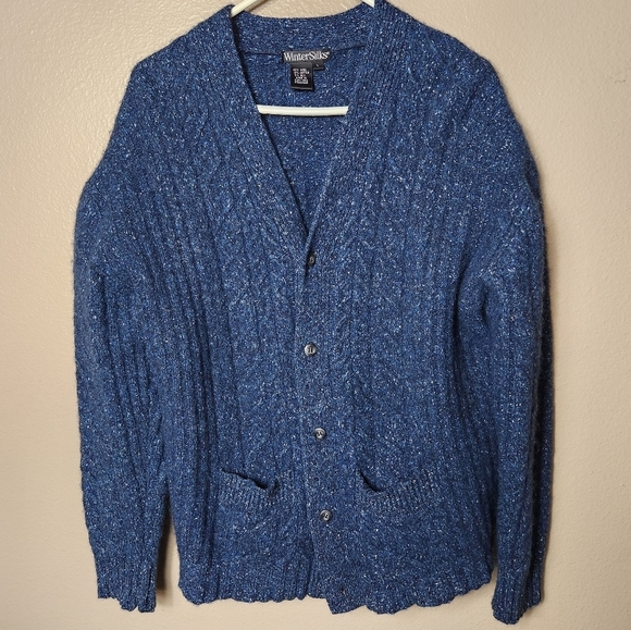 Winter Silks Womens VTG Blue Wool Blend Cable Knit V-Neck Grandpa Cardigan-Sz L - Picture 1 of 4